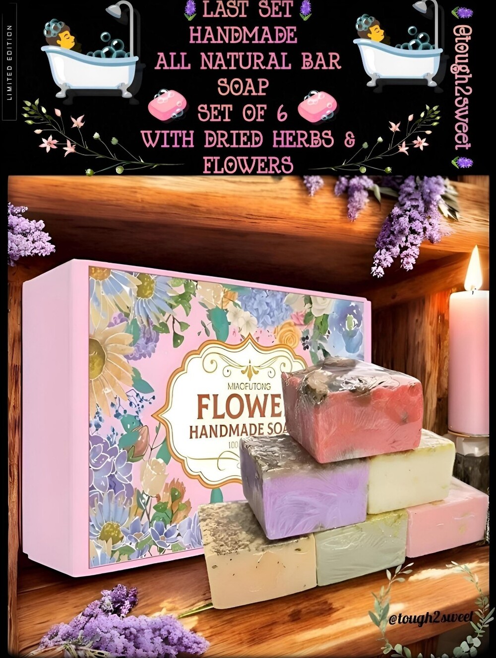 🆕️HANDMADE ALL NATURAL BAR SOAP SET OF 6 WITH DRIED HERBS & FLOWERS IN GIFT BOX
